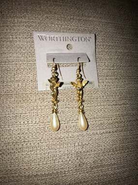 Worthington Gold Tone Cupid Angel Faux Pearl Drop Earrings